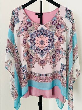 ✨ Roz & Ali Pink + Blue Scarf Top | Boho Paisley Poncho Blouse | Medium